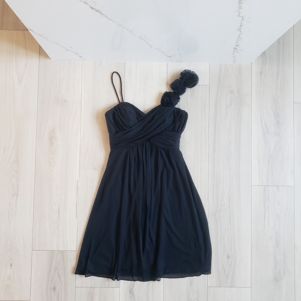 XSCAPE Dress Womens‎ 6 Black Rosette One Shoulder Chiffon Formal Made in USA